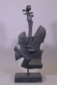 A patinated bronze cubist sculpture of a cello, 97cm high