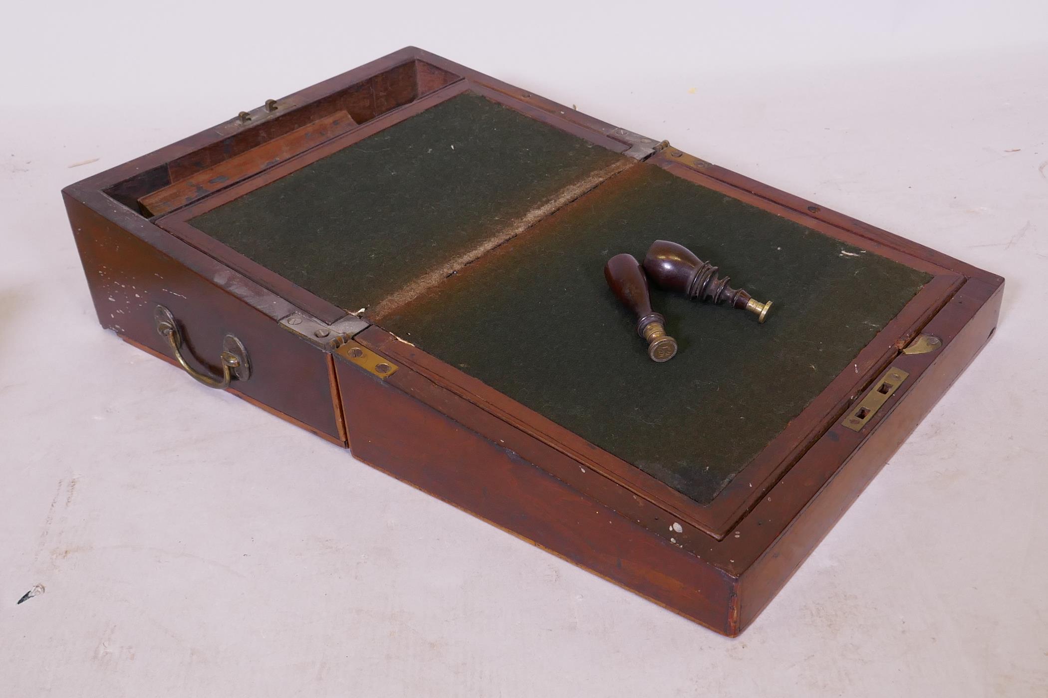 A Victorian mahogany and rosewood writing slope with side drawer and two seals, 30cm x 23cm x 14cm