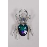 A silver, marcasite and enamel stag beetle brooch, 5cm long
