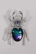 A silver, marcasite and enamel stag beetle brooch, 5cm long