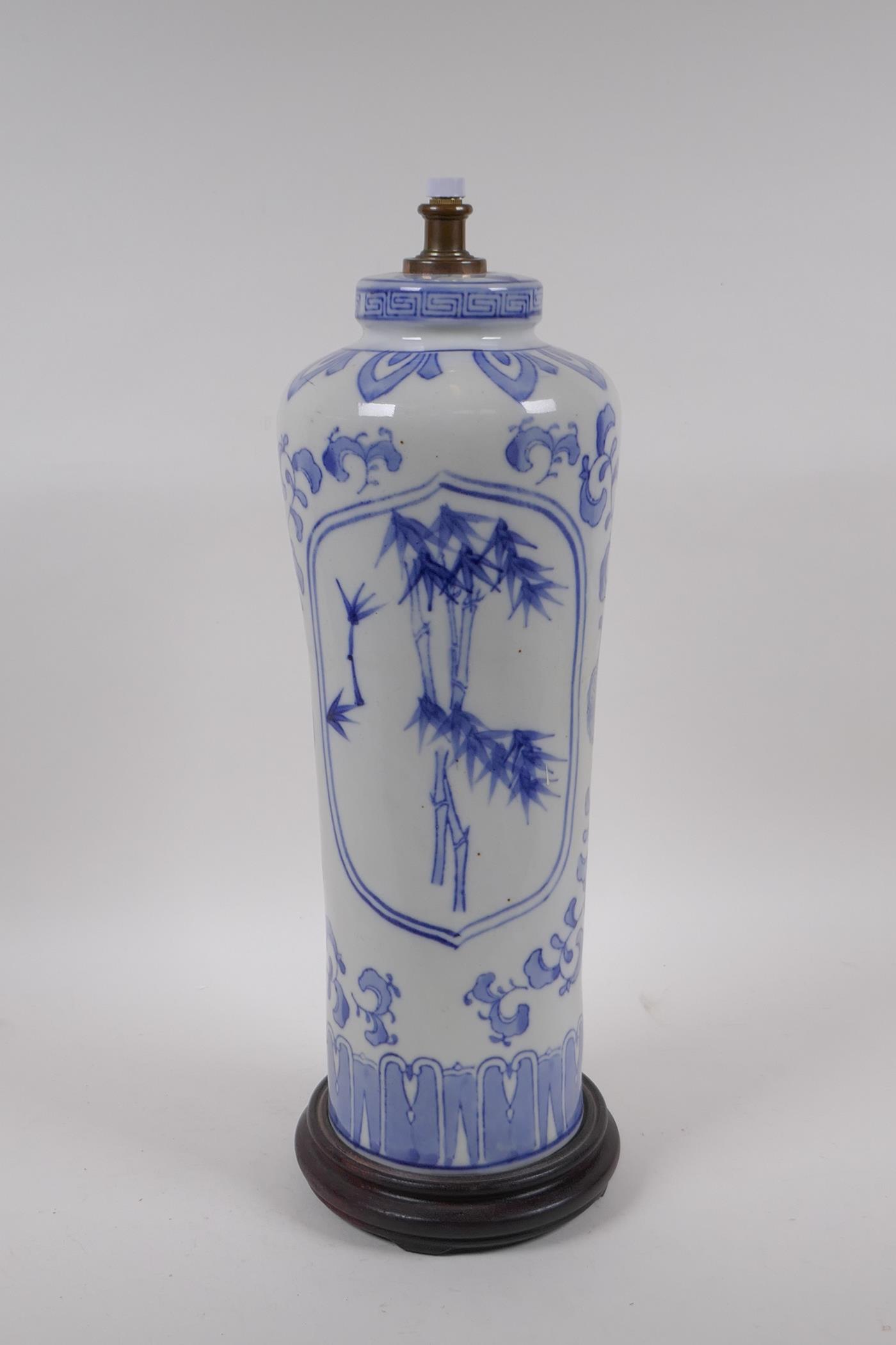 A Japanese 'Tarogo' blue and white porcelain lamp with bamboo decoration, 44cm high - Image 3 of 3