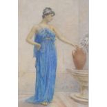 K Stergill?, classical female figure in a blue dress, 20cm x 32cm