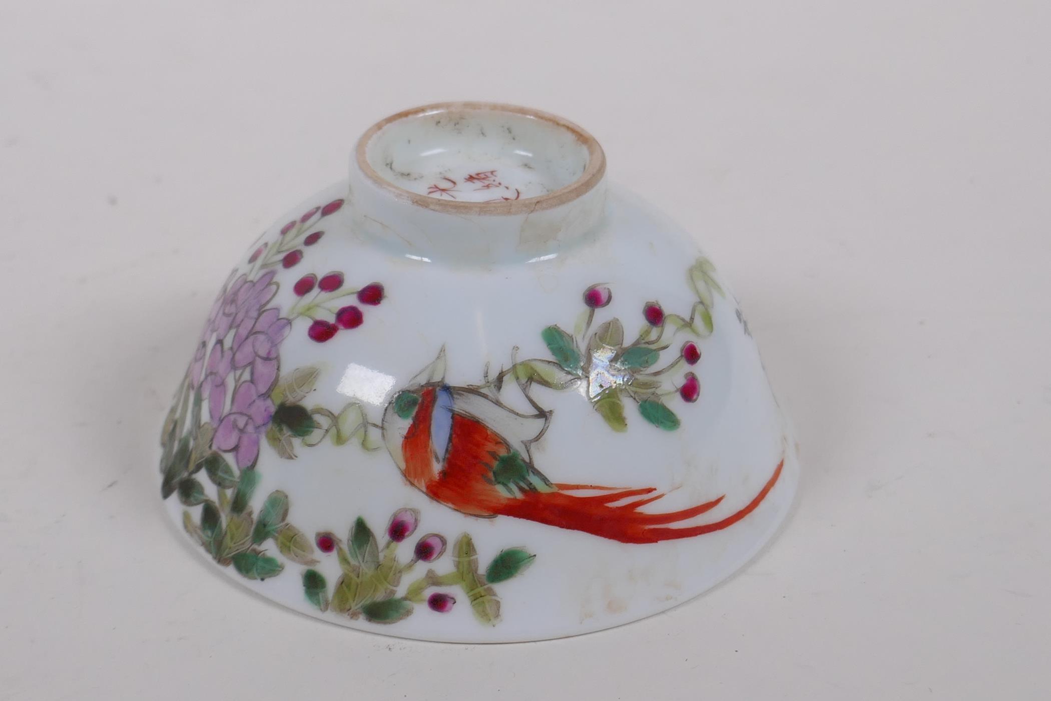 A polychrome porcelain tea bowl with bird and flower decoration, character inscription verso, - Image 4 of 5