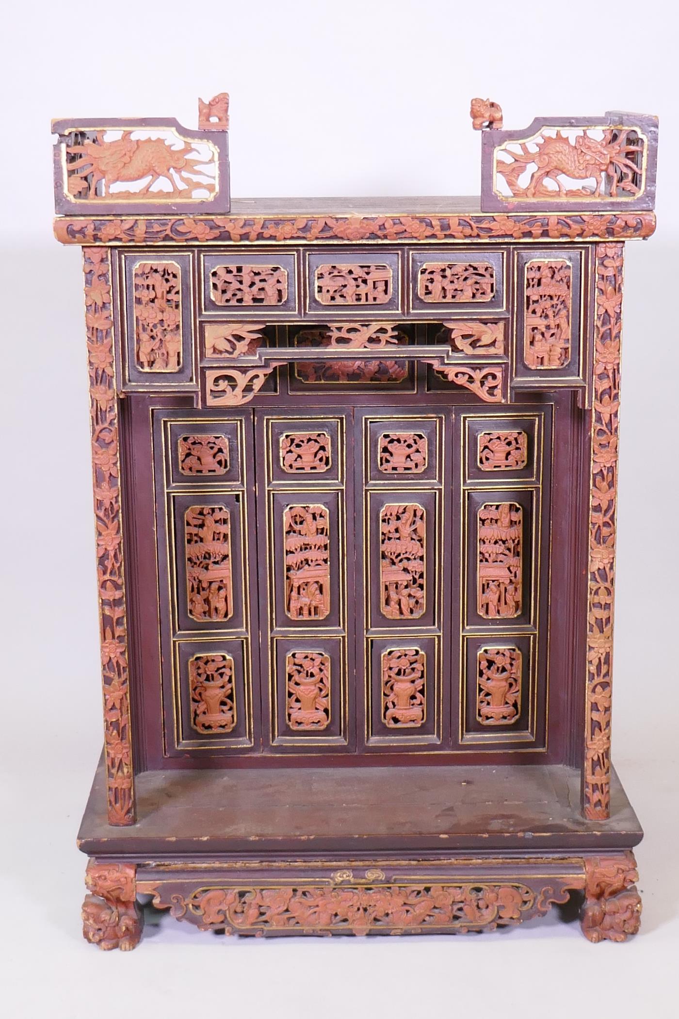 A Meiji lacquered and giltwood shrine with two doors opening to reveal a stepped interior, raised on - Image 2 of 5