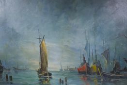 A seascape with fishing vessels, indistinctly signed, mid century oil on canvas, 102cm x 66cm