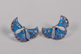 A pair of silver and plique a jour petal shaped earrings