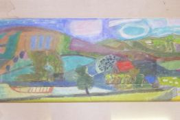 Landscape, mixed media, on paper, unsigned, mid C20th, 50cm x 16cm