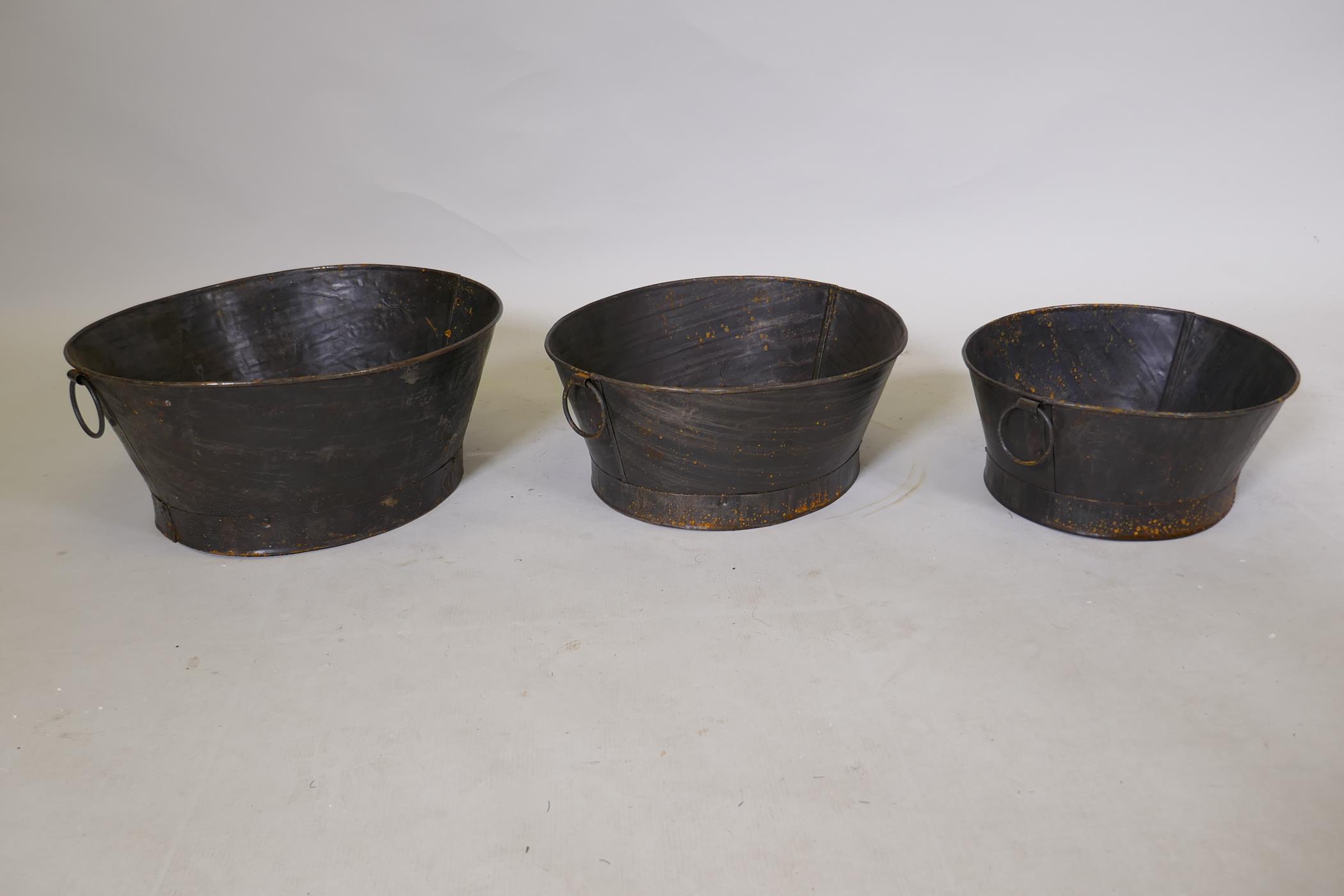 A set of three graduated oval metal planters each with two ring handles, largest 44 x 40cm