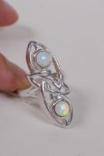 A 925 silver ring set with two opalite panels, size P