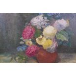 Still life, flowers in a bowl, oil on canvas, signed Jessica Piper?, 42cm x 51cm