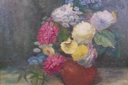 Still life, flowers in a bowl, oil on canvas, signed Jessica Piper?, 42cm x 51cm