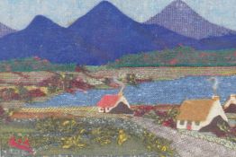 Evelyn MacNeice, lakeside hamlet with distant mountains, Irish tweed picture, embroidered