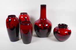 Five Royal Doulton flambe glazed ceramic vases, one restored, largest 35cm high, AF hairline crack