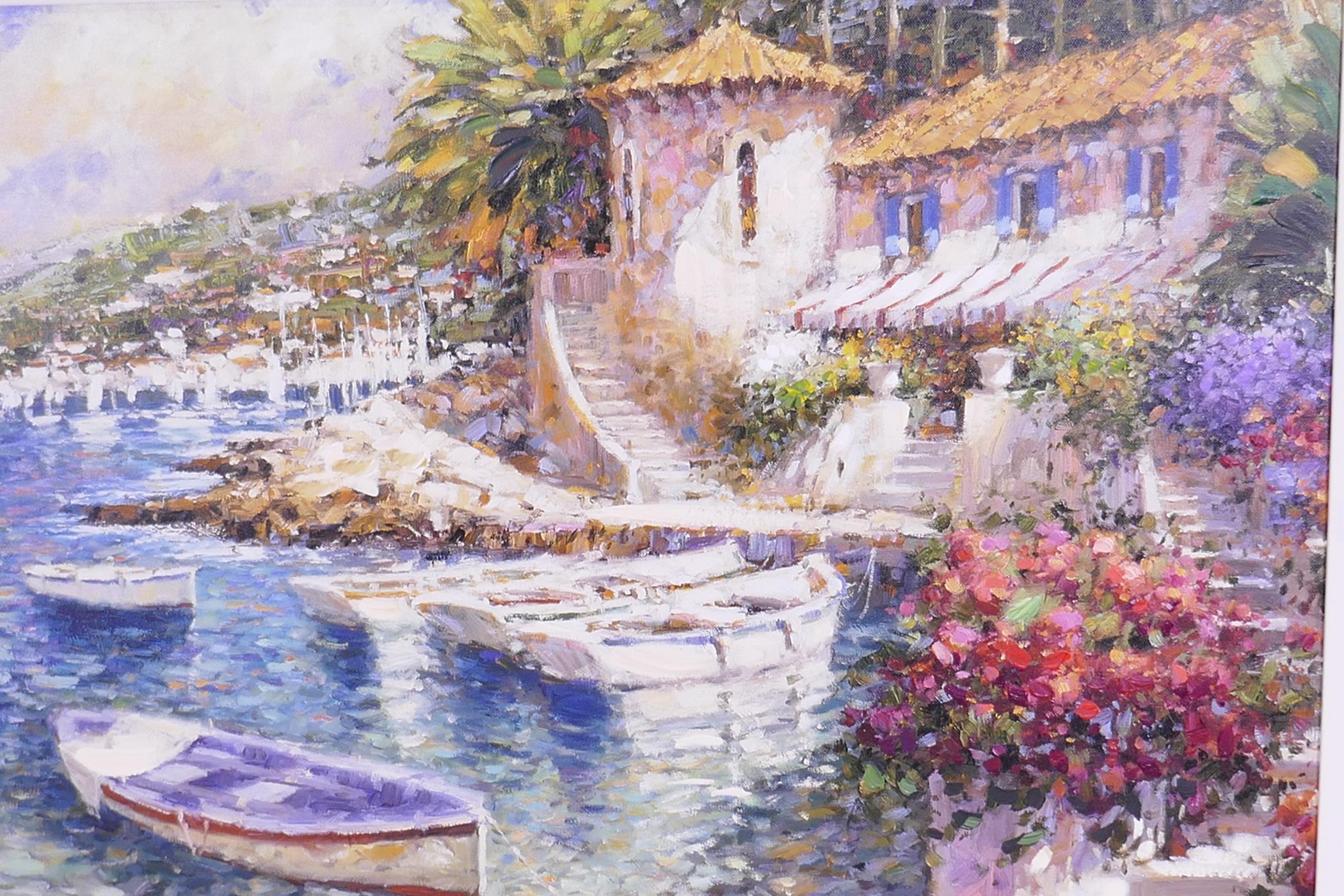 An overpainted canvas print of a Greek harbour, 76cm x 56cm