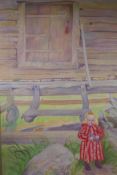 After Carl Larsson, Swedish, child by a cabin, oil on canvas, initialled, 55cm x 84cm