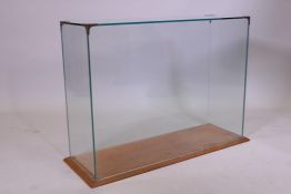 A glass display case with metal mounts and wood base, 74cm x 25cm x 56cm