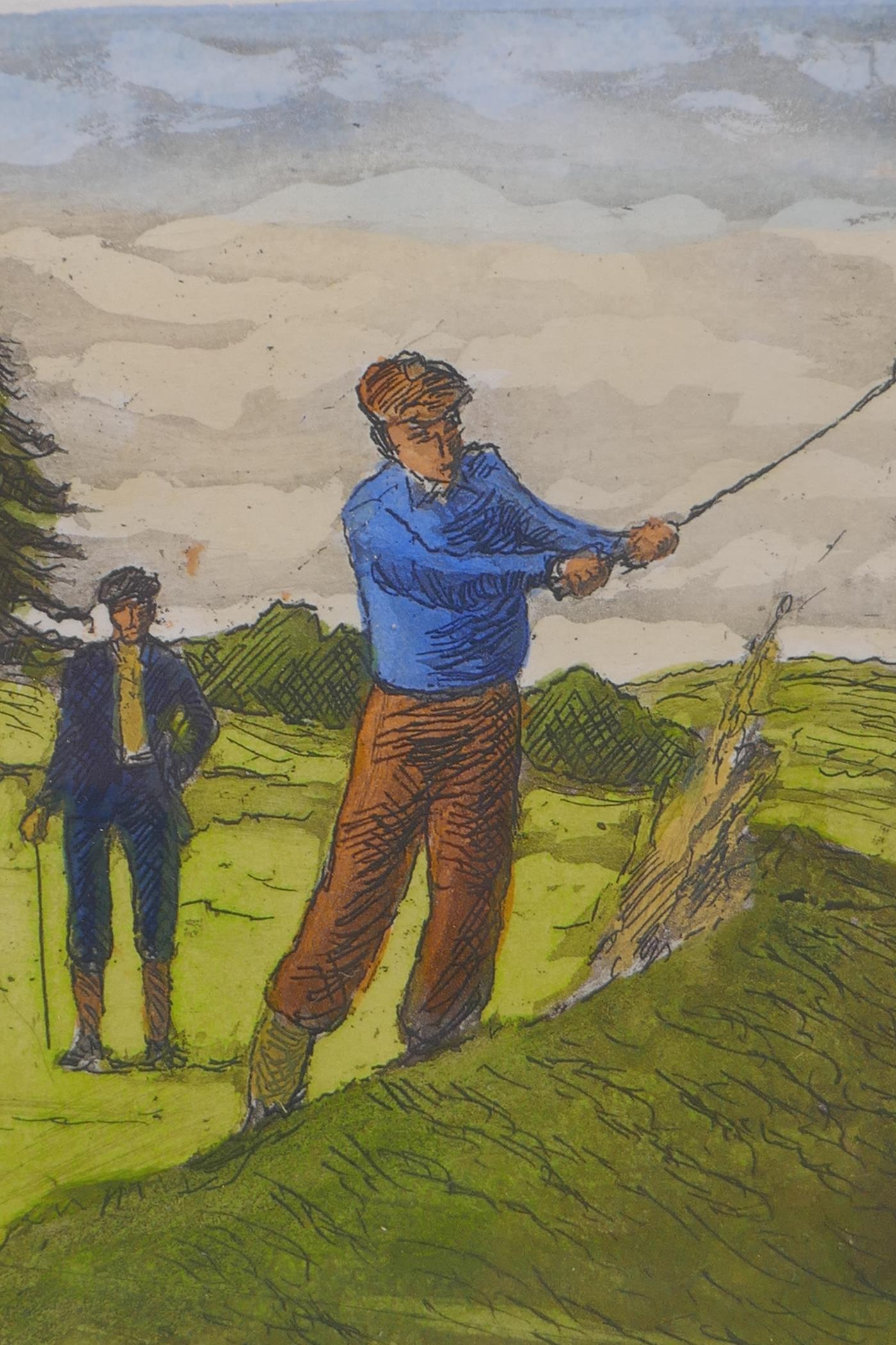 A pair of hand coloured engravings of golfers, indistinctly signed in pencil, 8cm x 11cm - Image 2 of 5