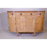 A 'D' shaped breakfront pine commode with crossbanded yew wood veneered top, the fluted frieze