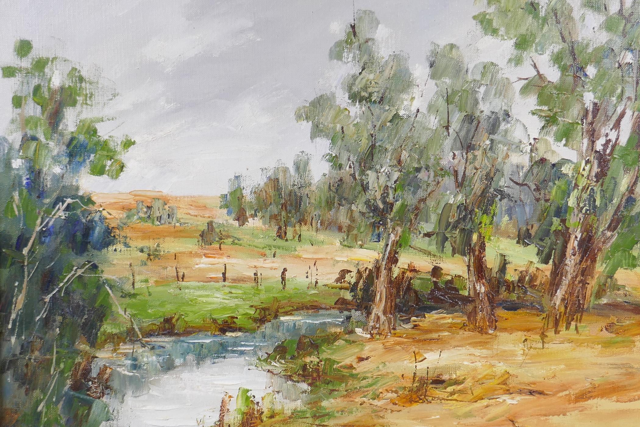 Etienne Bellan, (French, 1922-2000), landscape with a stream, possibly French Africa, 55cm x 46cm