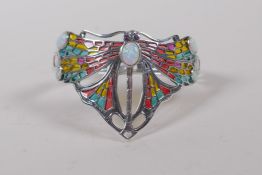 A 925 silver and plique a jour cuff/bangle in the form of a moth with opalite panels, 6cm diameter