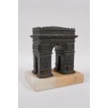 A Grand Tour style bronze Arc de Triomphe, on a marble base, 14cm x 10cm, 16cm high