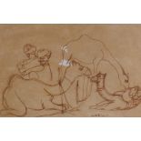 Camels with Indian cameleers, ink on paper, with dedication, Trivandum '95, signed, 40cm x 27cm