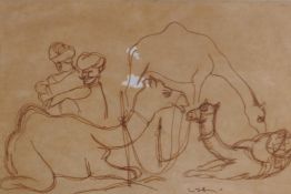 Camels with Indian cameleers, ink on paper, with dedication, Trivandum '95, signed, 40cm x 27cm