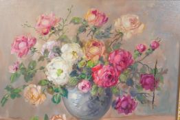 Martin...?, still life of a bowl of roses, oil on canvas, AF, 51cm x 41cm