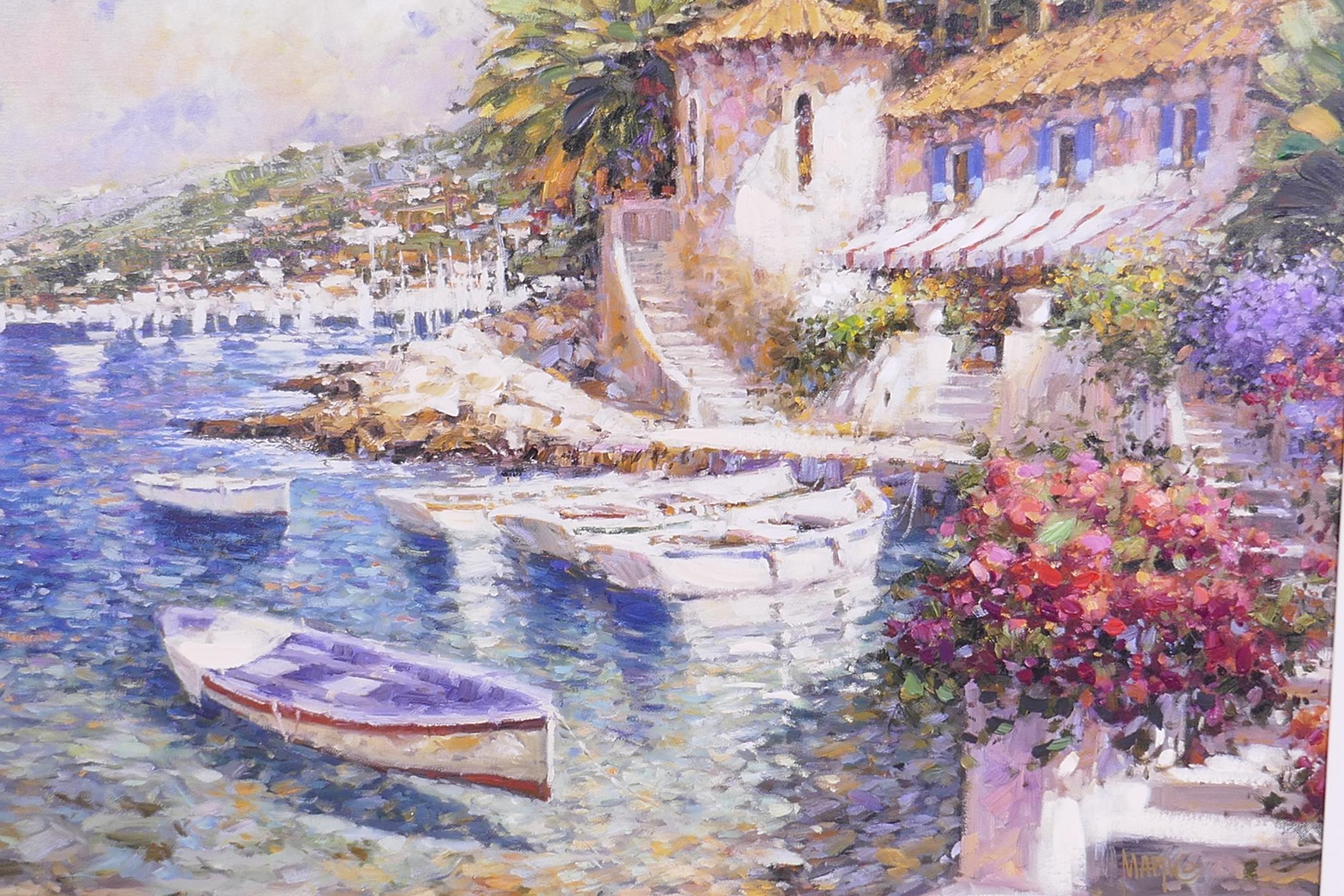 An overpainted canvas print of a Greek harbour, 76cm x 56cm - Image 2 of 3