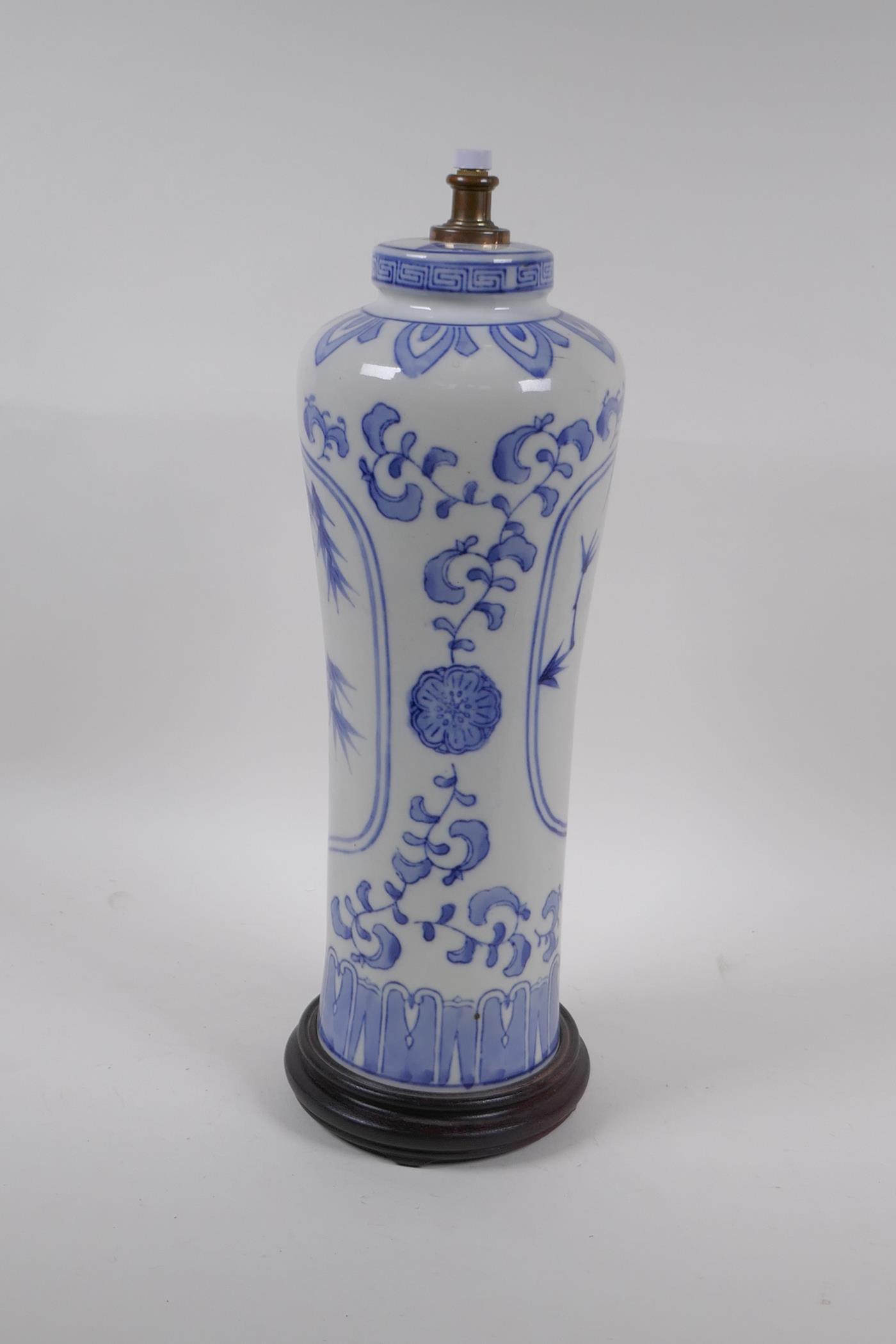 A Japanese 'Tarogo' blue and white porcelain lamp with bamboo decoration, 44cm high - Image 2 of 3