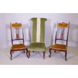 A pair of C19th Art Nouveau side chairs with carved and pierced backs, and a prie deux chair, raised