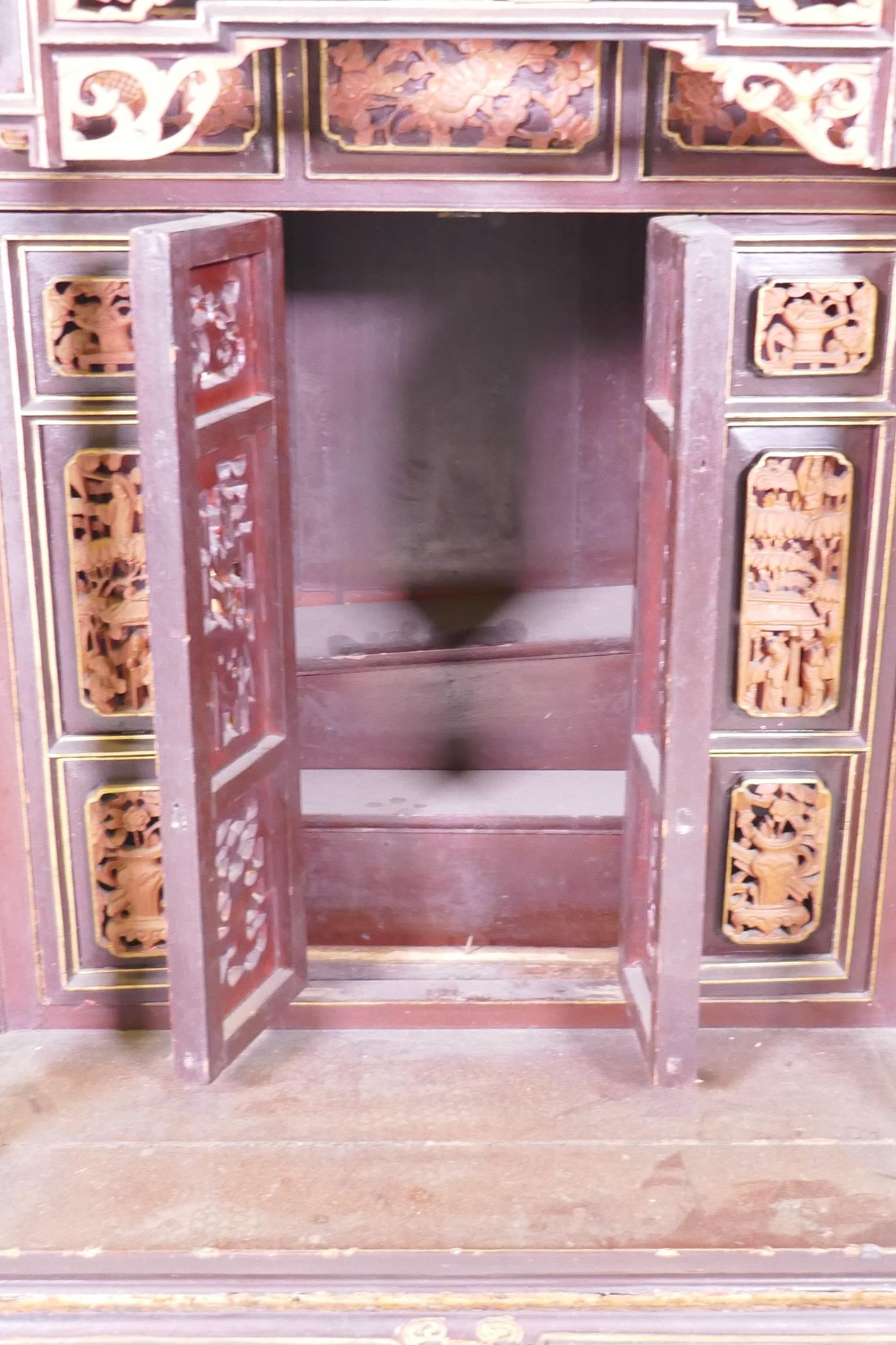 A Meiji lacquered and giltwood shrine with two doors opening to reveal a stepped interior, raised on - Image 5 of 5