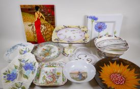 A quantity of pottery and porcelain tazza chargers, serving plates etc, large tazza 18.5cm high