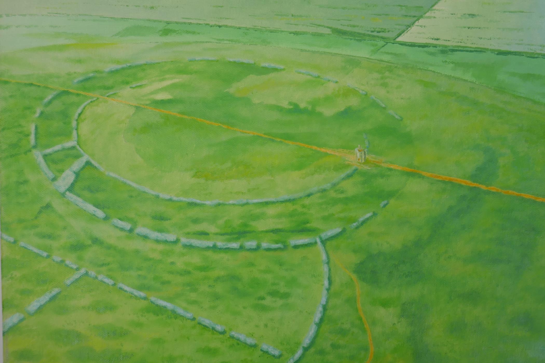 Joh Riley, pair of Cornish landscapes with barrows and ley lines viewed from the air, oil on canvas, - Image 4 of 5