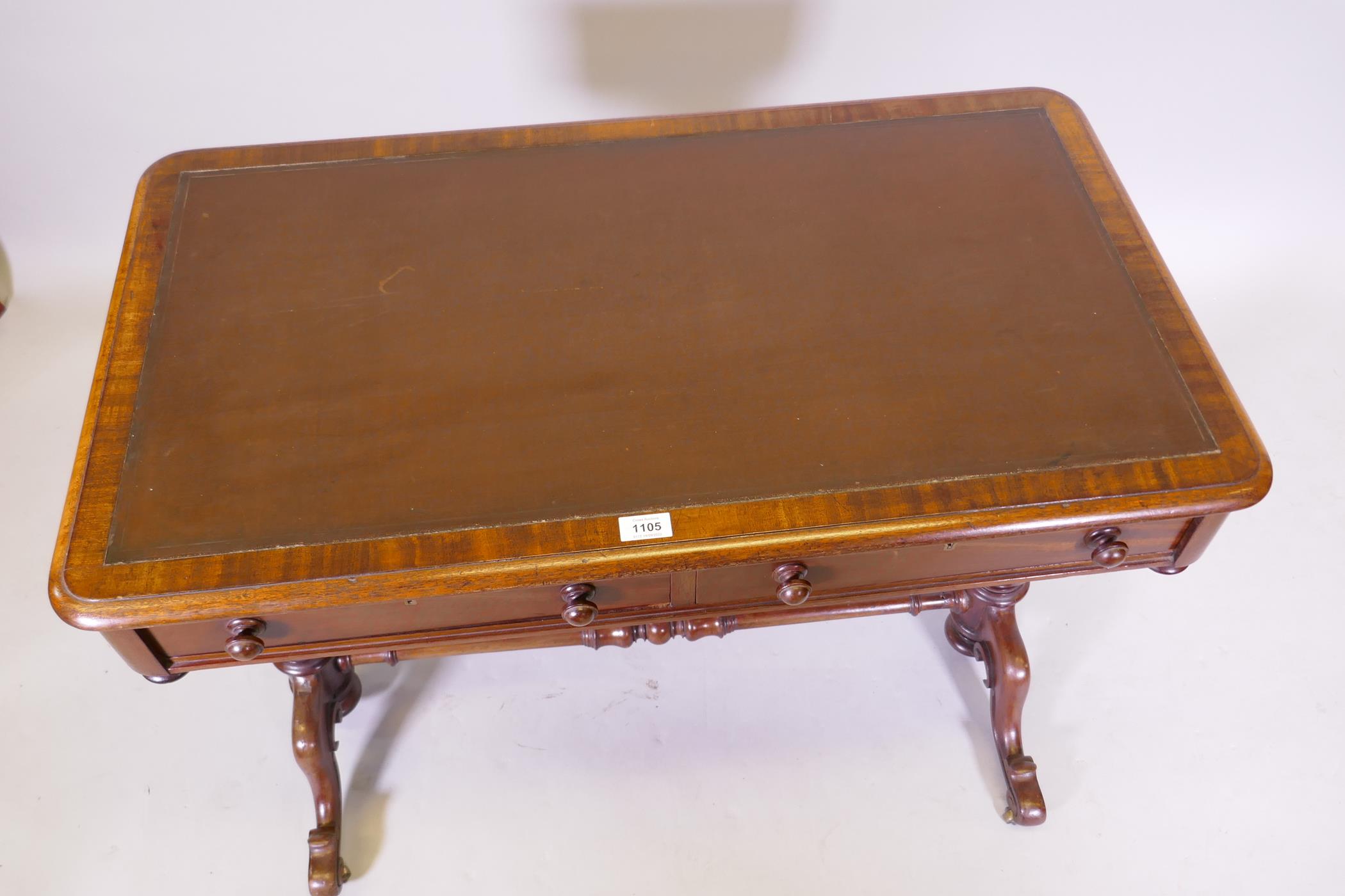 A C19th mahogany writing table with two true and two false drawers, and inset top, raised on - Image 3 of 3