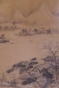 A Chinese watercolour scroll painting depicting a winter riverside landscape with distant mountains,