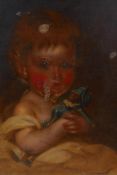 Richard Buckner, portrait of a child with a doll, signed oil on canvas, unframed, AF for