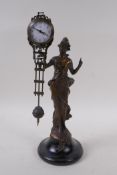 A cast bronzed metal Diana mystery clock, 33cm high