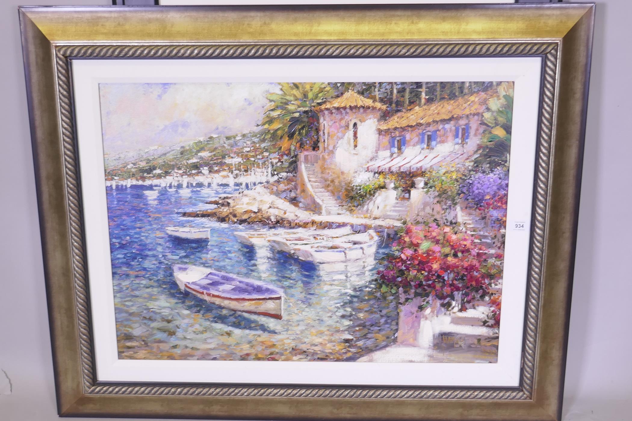An overpainted canvas print of a Greek harbour, 76cm x 56cm - Image 3 of 3