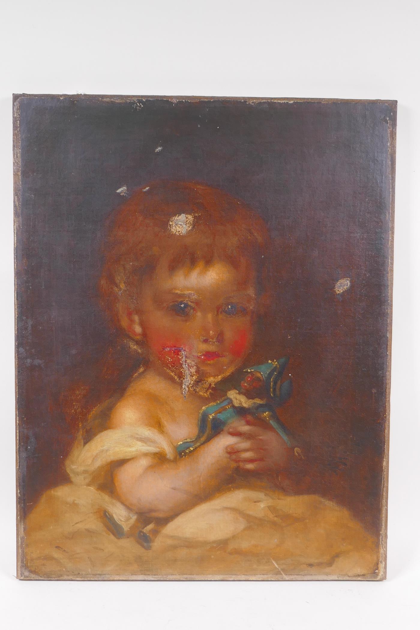 Richard Buckner, portrait of a child with a doll, signed oil on canvas, unframed, AF for - Image 2 of 3