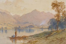 John Adam Houston, boatmen in a lakeland scene, Sunrise over Loughrigg Tarn, Lake District, labels