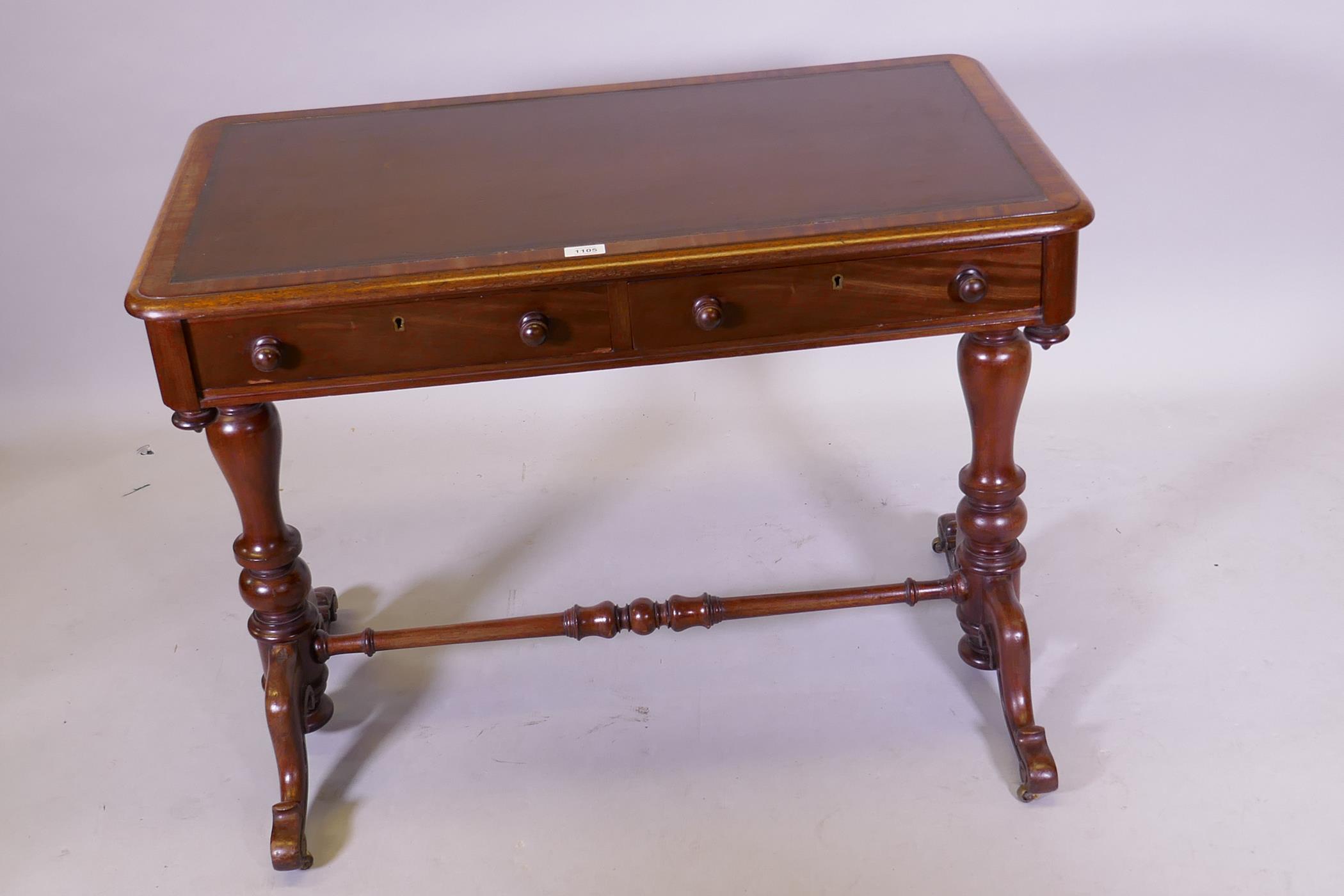 A C19th mahogany writing table with two true and two false drawers, and inset top, raised on - Image 2 of 3