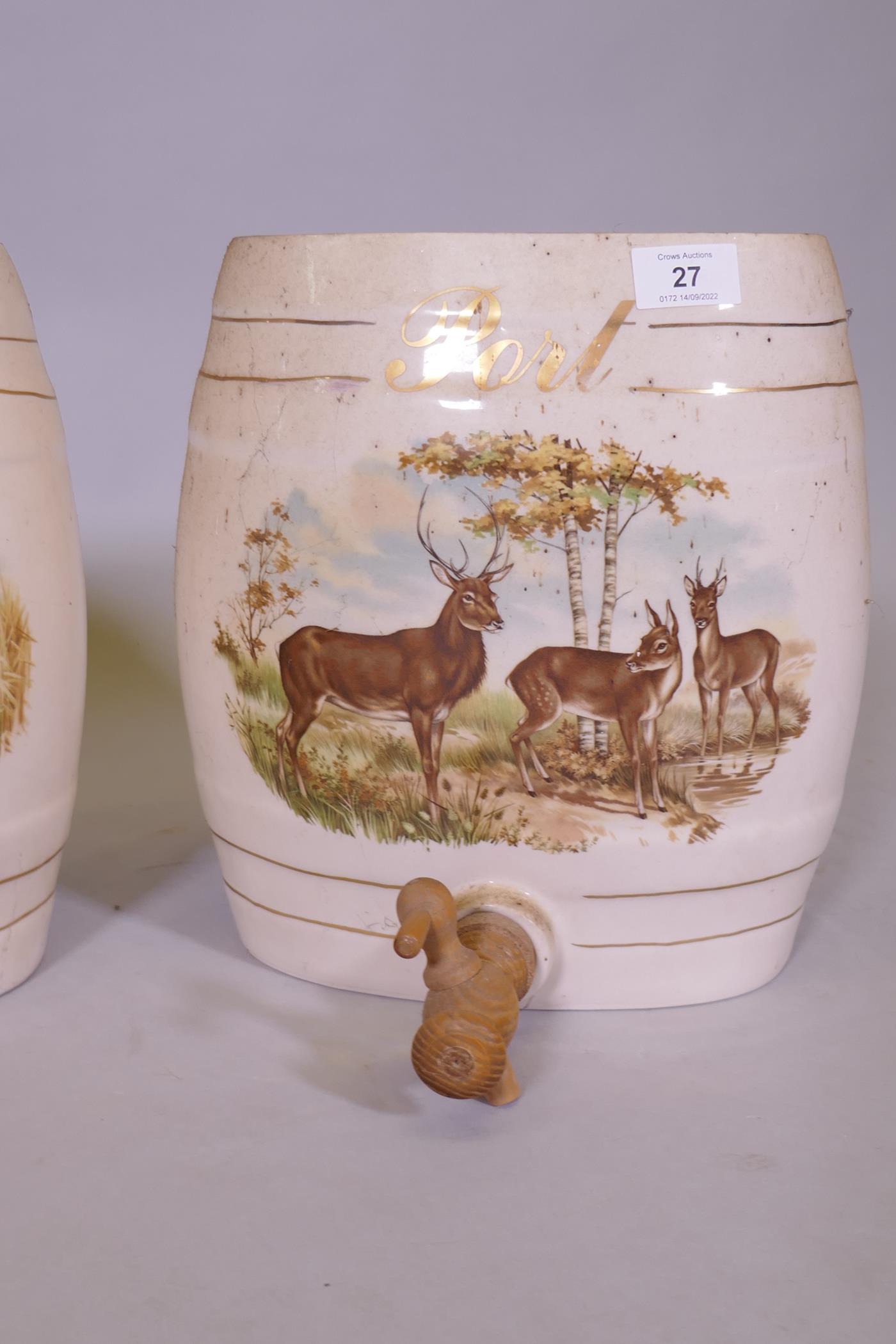 Three ceramic spirit barrels with wood taps, 30cm high - Image 4 of 4