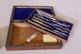 A Victorian rosewood cased set of compasses and draughtsman's instruments, 21cm x 12cm x 14cm