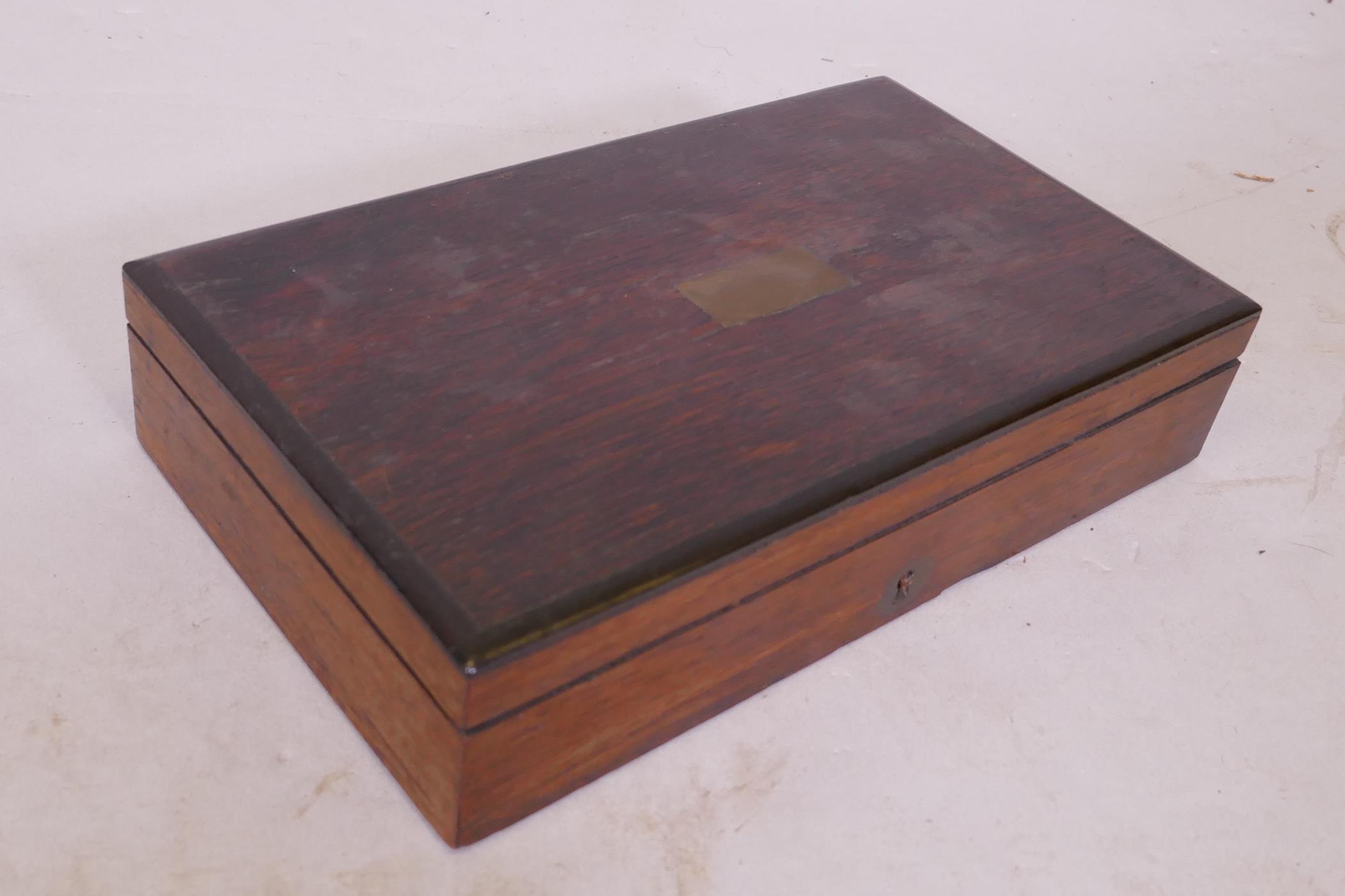 A Victorian rosewood cased set of compasses and draughtsman's instruments, 21cm x 12cm x 14cm - Image 3 of 3
