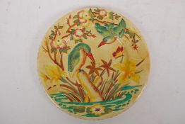 A Maling kingfisher plate, with raised decoration on a biscuit coloured ground, stamped 2-37 and