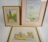 Vilbois, landscape with tree lined road, watercolour, 33cm x 23cm, and two other landscape scenes by