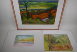 Joy Stewart, Autumnal landscape, mixed media, 50cm x 36cm, and two watercolours, boats on a loch and
