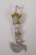 A Sino Tibetan white metal ceremonial karkika with wrathful deity mark decorated to the handle, 27cm
