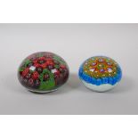 A Millefiori glass paperweight and another smaller, largest 10cm diameter